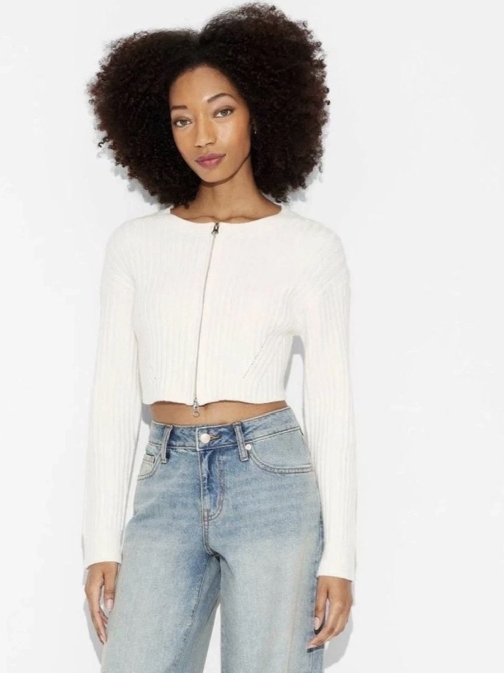 Wild Fable Women's Zip-Front Ribbed Cropped Cardigan Sweater White M NWT